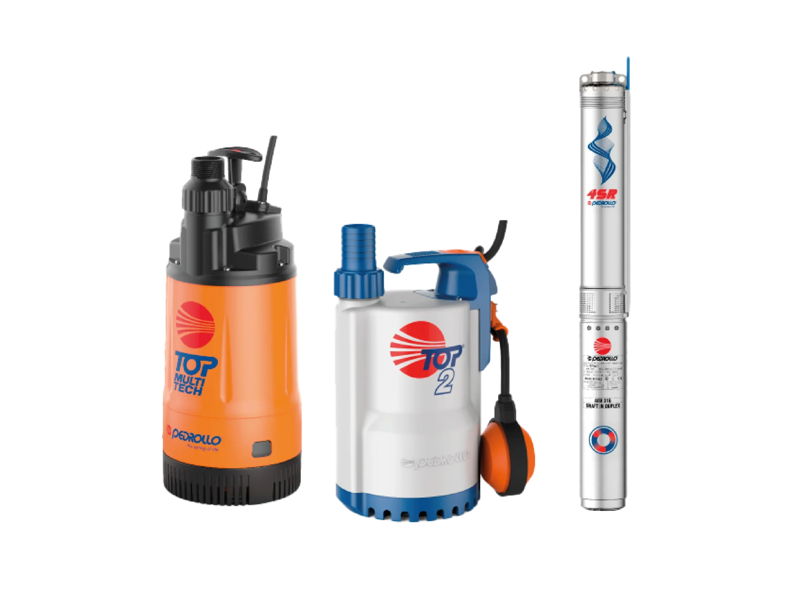 Tres bombas de agua sumergibles Pedrollo. La primera es naranja y negra con el logo "TOP 1", la segunda es gris con azul con el logo "TOP 2", y la tercera es un modelo más delgado con el logo "Pedrollo